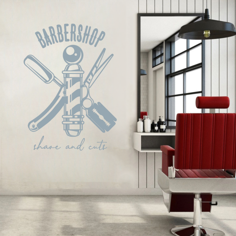 Barber Shop Barber Pole Razor Scissors Business Salon Wall Decal