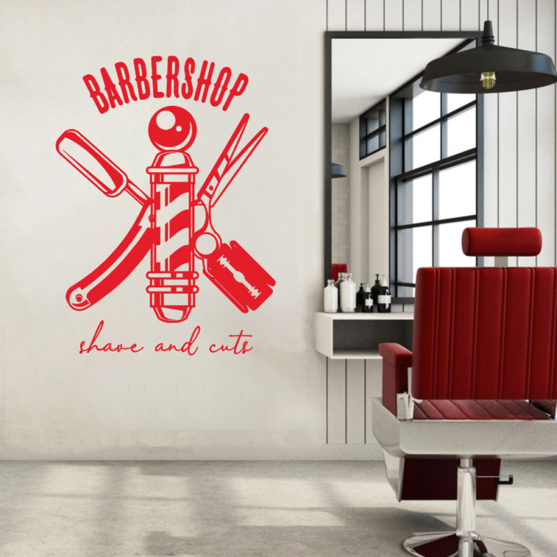 Barber Shop Barber Pole Razor Scissors Business Salon Wall Decal